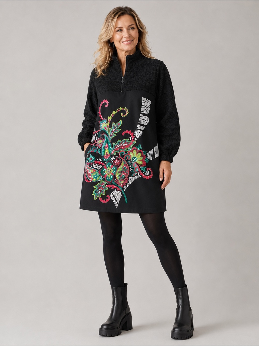 NWOT - SAY - Mixed Media Wearable Art Graphic Dress - Sz 36. Made in Turkey. - Picture 2 of 14